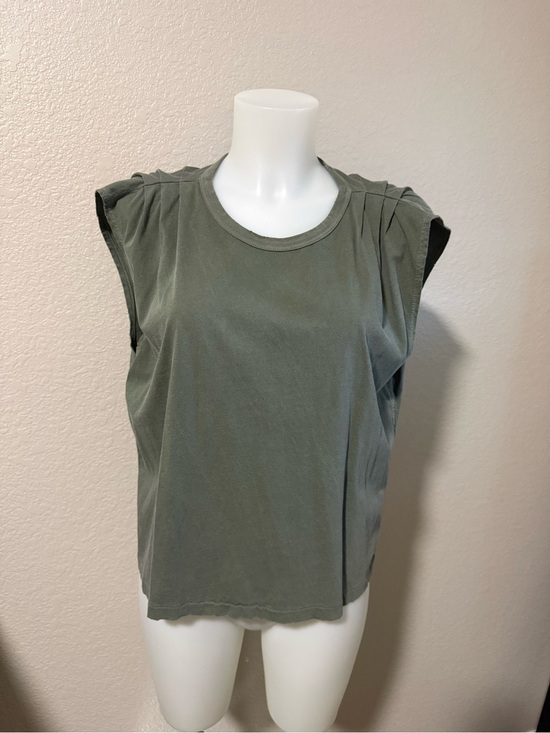 AMO Tops - Women’s AMO Babe Olive Green Pleated Shoulder Muscle Tank Tee distressed
